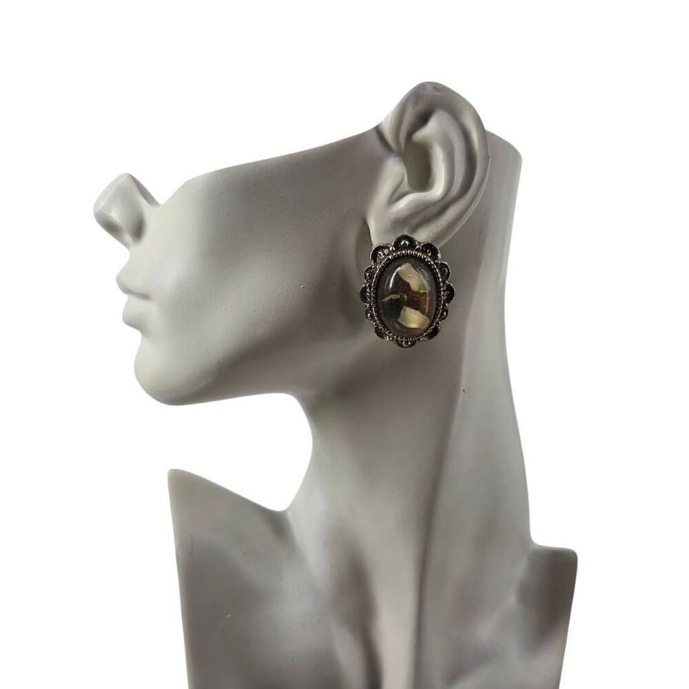 Faux Stone Cabochon Clip-On Earrings | Ornate Frame | Vintage | 1.53"